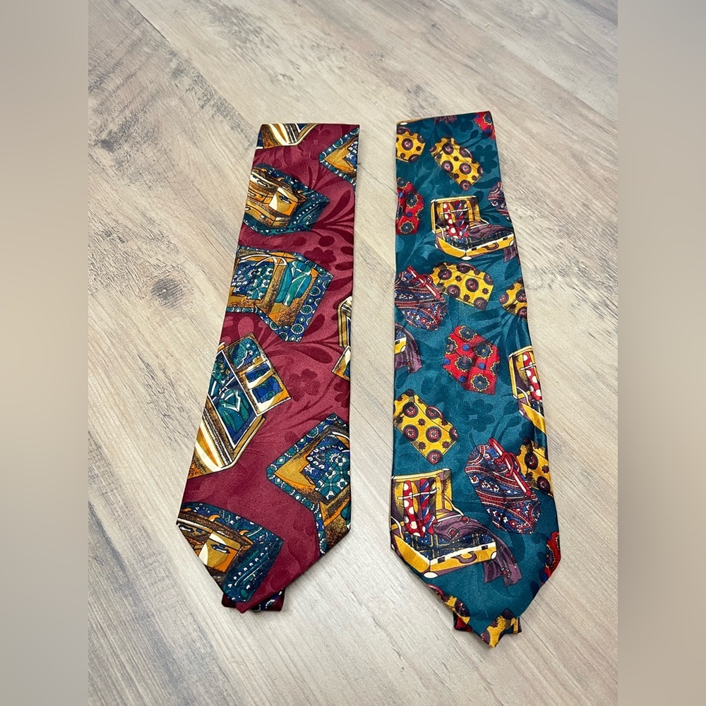 Bugatti Men’s Silk  Ties 100% Italian Silk Lot Of 2 Colorful Patterns